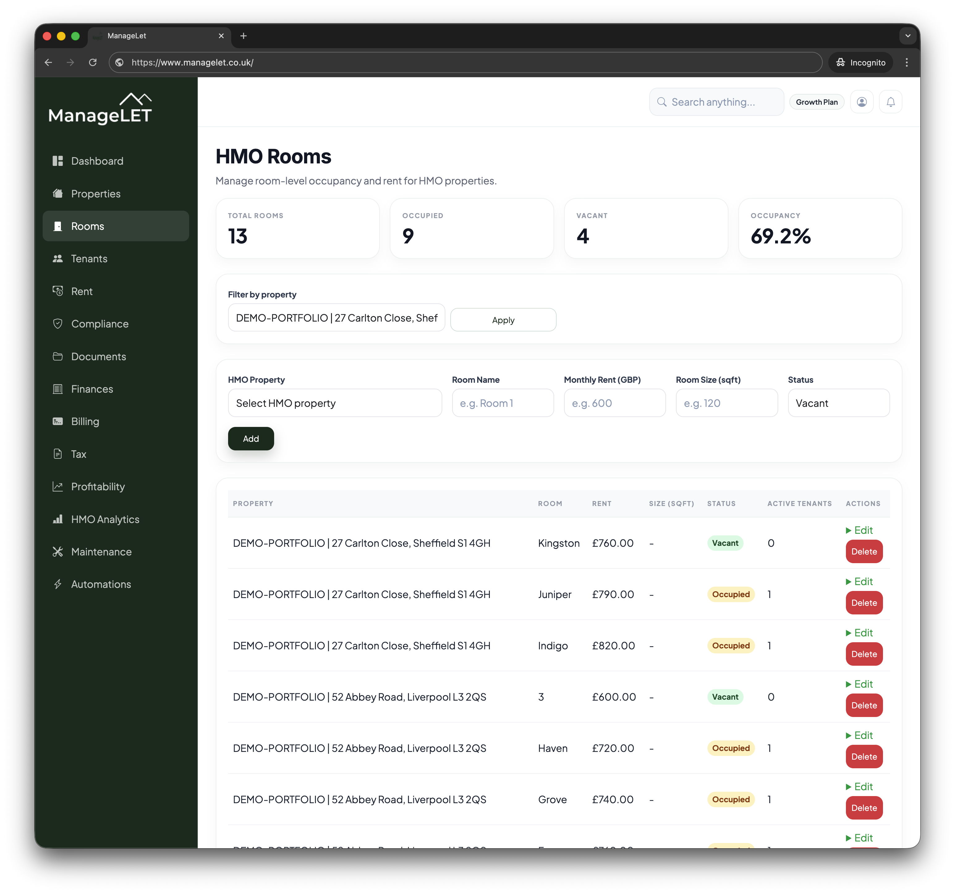 HMO rooms dashboard preview