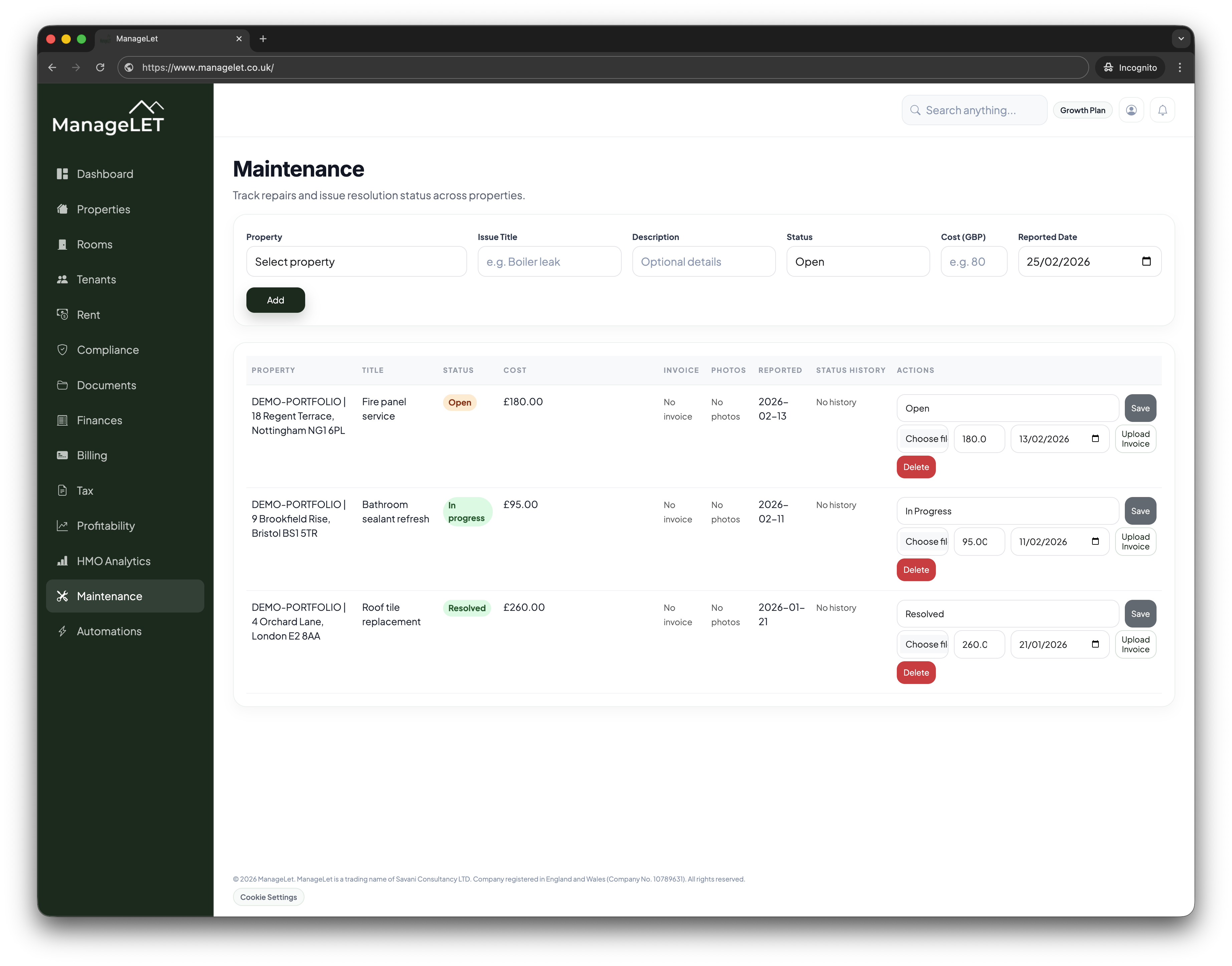 Maintenance and invoice workflow dashboard preview